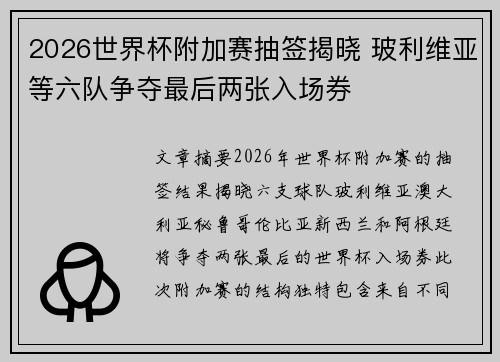 2026世界杯附加赛抽签揭晓 玻利维亚等六队争夺最后两张入场券 2026世界杯附加赛抽签揭晓 玻利维亚等六队争夺最后两张入场券